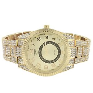 【送料無料】腕時計　メンズベゼルゴールドトーンメタルリンクマイクロアイスクラシックmens fluted bezel gold tone metal link micro pave iced out classic rapper watch