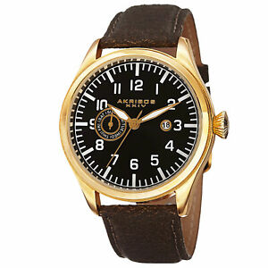 【送料無料】腕時計　スイスブラウンレザーストラップmens akribos xxiv ak785yg swiss daydate distressed brown leather strap watch