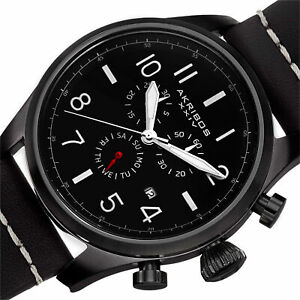 【送料無料】腕時計　スイスクロノグラフオールブラックレザーストラップウォッチ