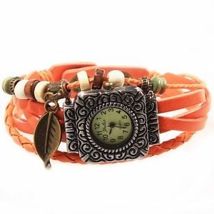 アクセサリー　ネックレスブレスレットオレンジドmontre bracelet cadran carre orange pendentifs feuille et perles cuir de daim