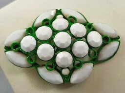 【送料無料】アクセサリー　ネックレスビンテージブローチbijou ancien vintage broche opaline blanc metal maill vert filigran a2