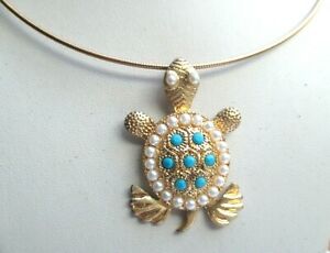 アクセサリー　ネックレスターコイズビンテージrare collier rigide couleur or pendentif tortue perles turquoise bijou vintage p