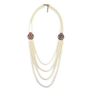 アクセサリー　ネックレスネックレスパールホワイトアールデコcollar largo dorado mltiples elementos cuatro hilera perla blanco art deco rojo