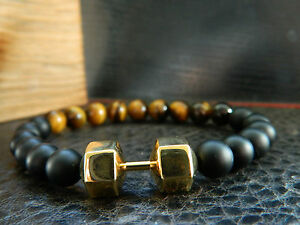 【送料無料】アクセサリー　ネックレスダンベルブレスレットタイガーアイマットブラックフィットネススポーツmancuernas pulsera negro mate gata natural de ojo de tigre fitness sport motivacin