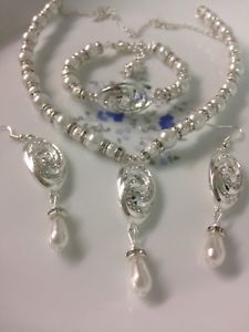 【送料無料】アクセサリー ネックレスパールブレスレットシルバーペンダントネックレスセットメイドセットconjunto de pulsera de perlas collar pendiente novia plata conjunto de regalo de boda dama
