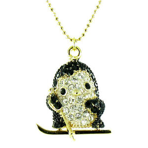 【送料無料】アクセサリー　ネックレスブラックゴールドメッキペンギンガラスペンダントネックレススキ..