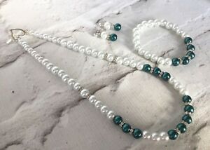 アクセサリー　ネックレスバグリーンガラスビーズネックレスブレスレットセットイヤリングba6 blanco y verde collar de perlas de vidrio, conjunto de joyera pulsera amp; pendientes