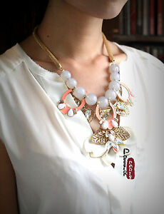 アクセサリー　ネックレスコリアーレトロビンテージベージュブランcollier floral email saumon beige blanc arbre retro vintage original sd 2