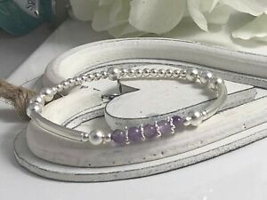 アクセサリー　ネックレスイヤリングハッピーストレッチスタッキングブレスレットアメジストpendientes de plata esterlina pulsera de apilamiento de estiramiento fideos amatista por en