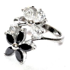 ̵ۥ꡼ͥå쥹åɥС󥰥륳˥anillo plata maciza 925 flor circonio negro blanco 56 joya ring