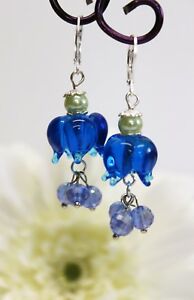 アクセサリー　ネックレス　ガラスシルバーペンダントイヤリングglass jewels argento orecchini pendenti perle lampwork fiori blu l071