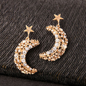 【送料無料】アクセサリー ネックレス メッキピンスタームーンイヤリングorecchini a perno dorato grandi stella luna con aperture pav strass matrimonio