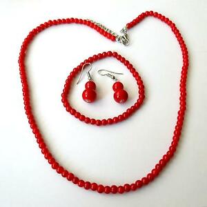 ̵ۥ꡼ͥå쥹ͥå쥹֥쥹åȥ󥰥Сѡåɥparure collana bracciale orecchini colore argento perle corallo rosso 5 mm 21 q