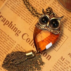 アクセサリー　ネックレス　フクロウネックレスラインストーンクリスタルロングコニャックブラウンgufo collana con strass lunga cristallo cognac marrone nuovo