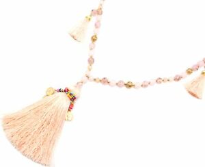 アクセサリー　ネックレス　コリアローズcl2112f sautoir collier perles verre avec pompons fils rose saumon et perle