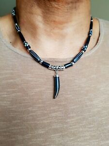 【送料無料】アクセサリー　ネックレス　ヘマタイトトレンディビーズネックレスサイズcollana da uomo fatto a mano, wolfs denti, ematite, alla moda, osso e legno perline, 7 taglie