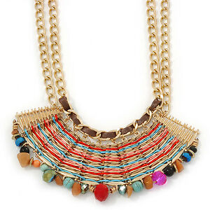 【送料無料】アクセサリー　ネックレス　ゴールドシルキーコードネックレスビーズtribal semipreziose perline con multicolore silky cord bib collana in tono oro