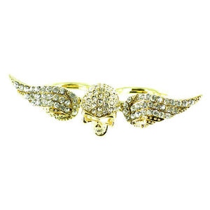 【送料無料】アクセサリー　ネックレス　ゴールドクリアクリスタルリングclear crystal su placcato oro doppio dito teschio e ali anello