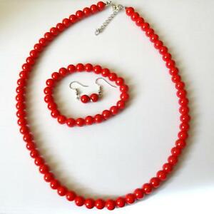 【送料無料】アクセサリー　ネックレス　ネックレスブレスレットイヤリングシルバーレッドコーラルparure collana bracciale orecchini colore argento, corallo rosso 9 mm 385 bb