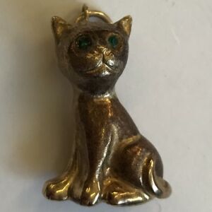 ネックレス　ヴィンテージイエローゴールドグリーンベゼルグリーンvintage 9ct yellow gold cat green bezel green eyes charm height 2cm