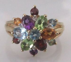 ネックレス　イエローゴールドマルチカットマルチラウンドクラスタリングサイズsecondhand 9ct yellow gold multi cut multi gemstone 3d round cluster ring size k