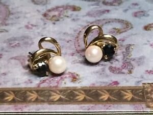 【送料無料】ネックレス ヴィンテージイエローゴールドサファイアスタッドイヤリングvintage 9 ct yellow gold cultured pearl and natural sapphire stud earrings