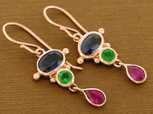 e080 genuine solid 9ct rose gold natural sapphire ruby emerald drop earringsソリッドローズゴールドサファイアルビーエメラルドドロップイヤリング※注意※NYからの配送...