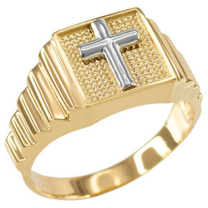 ネックレス　ゴールドクロススクエアメンズリングtwotone gold cross square religious mens ring