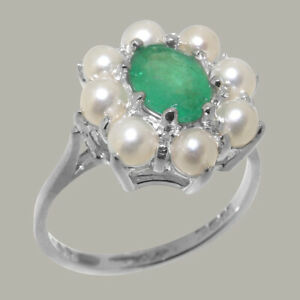 ネックレス　ホワイトゴールドエメラルドフルパールクラスタリングサイズ10ct white gold natural emerald amp; full pearl womens cluster ring sizes j to z