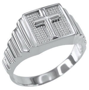 ネックレス　kホワイトゴールドクロススクエアメンズリング14k white gold cross square religious mens ring