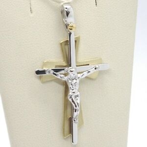 【送料無料】ネックレス　ペンダントダブルクロスイエローゴールドホワイトキリストサテンpendant double cross yellow gold white 750 18k, with christ, glossy satin(4)