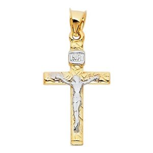 ネックレス　トーンソリッドゴールドクロスペンダントrough polish crucifix real 14k two tone solid gold religious 34 cross pendant