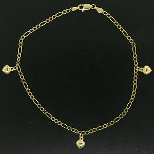 ̵ۥͥå쥹ɥե󥯥֥쥹å14k yellow gold puffed heart charm figaro link 10 anklet ankle bracelet 35g