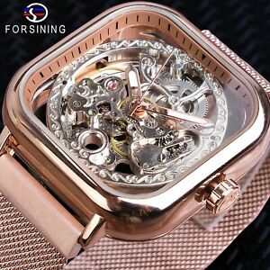 【送料無料】 腕時計 デザインautomatic transparent men wrist watch geometric square gold design self wind