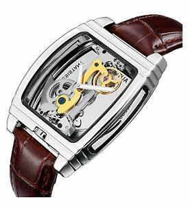 【送料無料】　腕時計　スチームパンクluxury men tonneau shaped transparent automatic steampunk skeleton leather watch