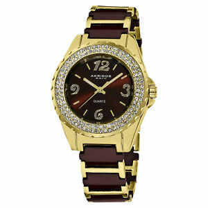 【送料無料】 腕時計 ベゼルブラウンセラミックブレスレットwomens akribos xxiv ak514brg quartz crystal bezel brown ceramic bracelet watch