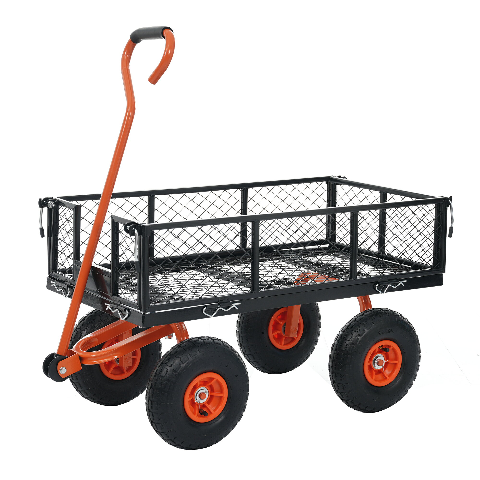 Product Type: Single Box Product颜色: Orange材质: SteelPackage Size (厘米): 94.5 * 55 * 15Package Weight (千克): 16.5Product Features01【重たい荷物運びを、もっとラクに】フェンス付きカートとしても、平台車としても使える2WAY仕様。ガーデニングや農作業、アウトドアなど、さまざまなシーンで活躍します。02【フェンス取り外し簡単】フェンス付きなら、小物や散らばりやすい荷物の運搬に便利。フェンスを外せば、大型荷物や長尺物もラクに積載できます。用途に合わせて使い分けできる、実用性に優れた設計です。Rピン固定式を採用。工具不要で簡単に取り外しできます。L字のレバーで側板を固定します。03【操作しやすいフレキシブルハンドル】ハンドルは上下左右に可動し、方向転換もスムーズ。狭い場所や悪路でも扱いやすく、作業時の負担を軽減します。ゴム製クッション付き：滑りにくく、手への負担を軽減しながら快適に使用できます。04【エアタイヤで悪路も安定】直径25cmタイヤ幅8cmのエアタイヤを採用。芝生砂利道ぬかるみなどの不整地でも安定して走行できます。空気入りタイヤが衝撃を吸収し、荷物の揺れも軽減。重い荷物もスムーズに運搬可能です。05【最大耐荷重180kg】最大180kgまで対応。土肥料植木鉢資材などの重量物も安心して運搬できます。ガーデニングや農作業など、日常の重労働をしっかりサポートします。06【頑丈なスチールフレーム】耐久性に優れたスチール構造を採用。屋外での使用にも適しており、長期間安心してお使いいただけます。ハードな運搬作業にも対応できる、丈夫な設計です。DescriptionDimensions &amp; Details素材 スチールカラー レッド、オレンジ商品サイズ 99*47*99cm梱包数 1梱包サイズ 99*52*13cm重量（N.W.） 14.5KG重量（G.W.） 16.5KG生産国 中国組立品/完成品 組立品