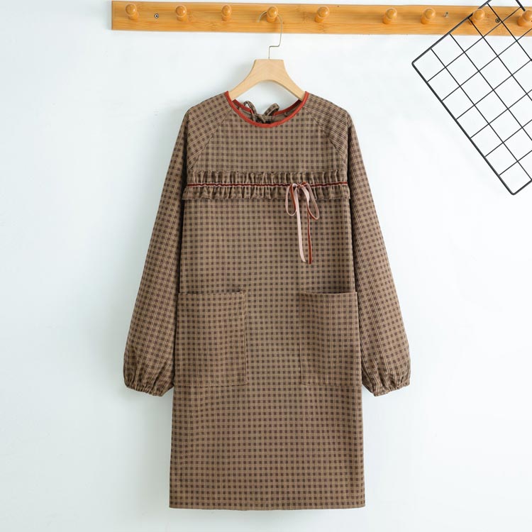 割烹着かっぽう着おしゃれスモック大人用コーデュロイエプロン長袖袖付きレディース可愛いフリルポケット付きロング大きいサイズ袖ゴム入り北欧秋冬あったか暖かい防汚キッチン家事掃除