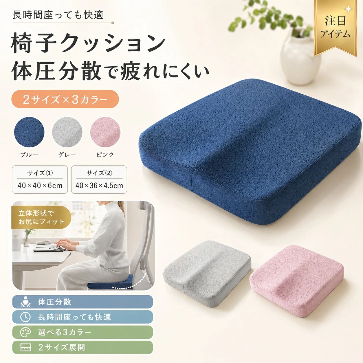 関連キーワード 椅子 クッション クッション クッション 椅子 腰痛 クッション 座布団 お尻が痛くならない 痔 クッション 坐骨神経痛 クッション 姿勢矯正 クッション 椅子クッション オフィスチェア クッション 座布団 いす用 チェアクッション ジェルクッション ヒップフィッター 骨盤矯正 クッション シートクッション デスクチェア クッション 椅子用クッション デスクワーク クッション【製品概要】 長時間の座位でも疲れない・痛くない！ お尻や尾てい骨に集中する体圧を広く分散し、長時間座っていても痛くならないクッションです。 【体圧分散×低反発】 ・高密度ウレタンがゆっくり沈み、しっかり支える ・お尻にフィットする形状記憶フォームで、理想的な座位姿勢をキープ 【二重くぼみ構造】 ・両脚のラインに沿ったカーブ設計 ・太ももの裏を圧迫せず、血流を妨げない構造で脚のしびれを軽減 【滑り止め＆洗えるカバー】 ・裏面に滑り止め加工 → 車椅子・椅子でもズレにくい ・カバーは取り外して洗濯可能で清潔 【サイズ】 40×40×6cm、40×36×4.5cm 【素材】 ウレタンフォーム／ポリエステルカバー 【カラー】 ブルー、グレー、ピンク 【備考・注意事項】 ・サイズや形状は実寸により若干誤差があります（1〜3cm程度） ・製造ロットにより色味や形状が異なる場合があります ・パッケージや仕様は予告なく変更される場合があります ・生地特性上、匂いがある場合がありますが、陰干しで軽減されます ・在庫共有販売のため、受注後欠品となる場合があります ・出荷前に検品済みですが、不具合時はお問い合わせください