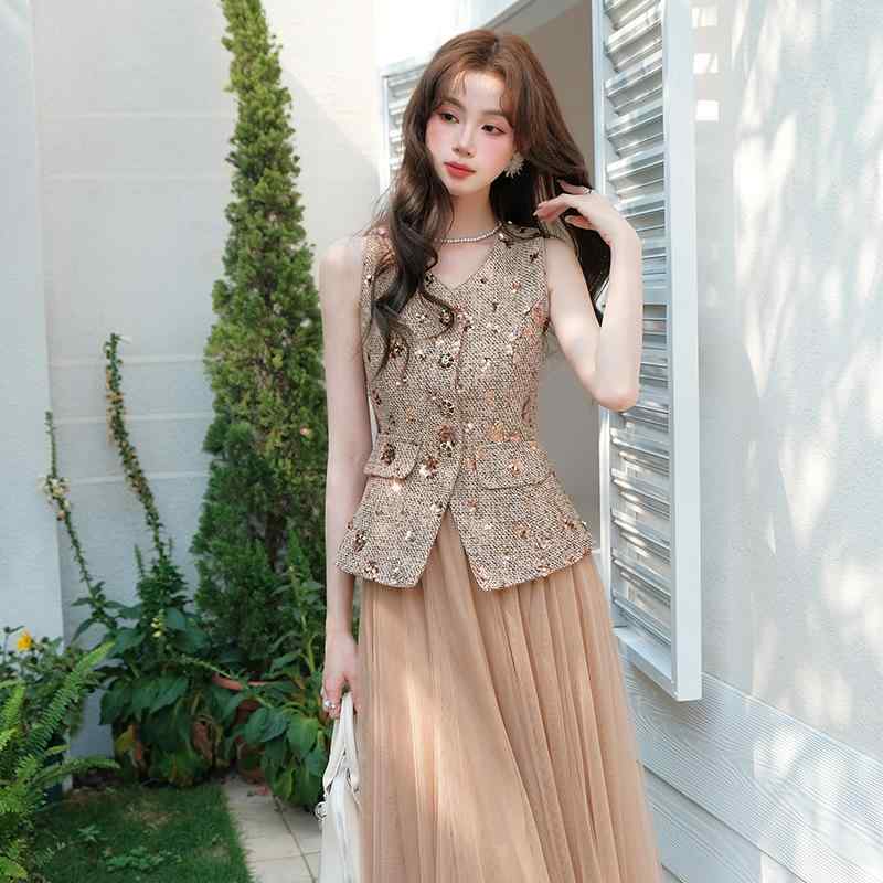 フレンチ ファッション おしゃれ セット カジュアル スパンコール レディース メッシュ スタイル ノースリーブ スカート