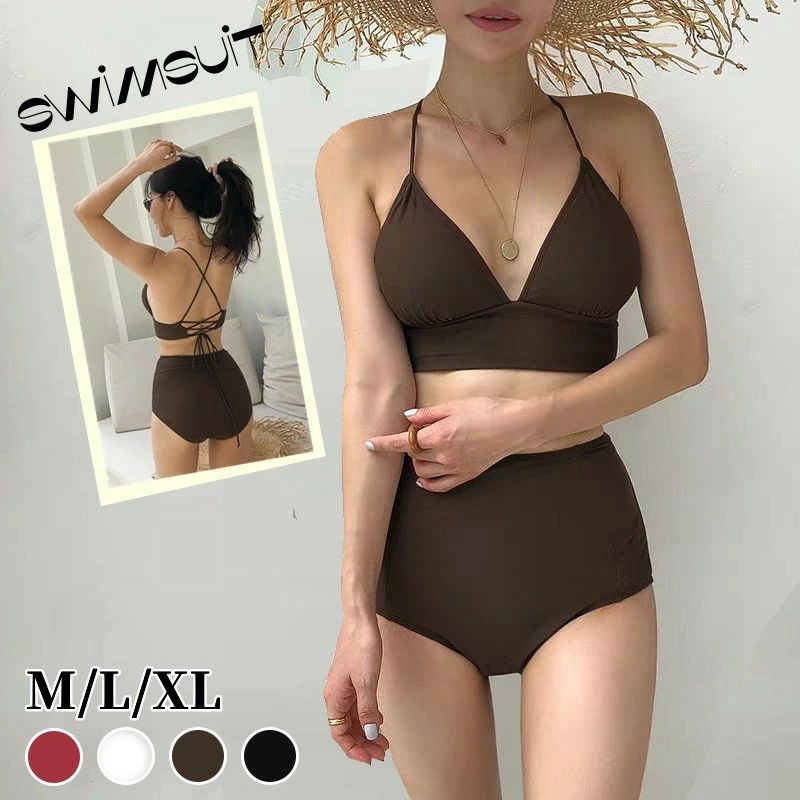 体型カバー ビキニ オトナ女子 小胸 バックシャン 単色 シンプル 盛れる 50代 レトロ セクシー 40代 リゾート レースアップ レディース 20代 水着 ママ水着 大きいサイズ 人気 背中見せ 30代 ハイウエスト ビキニ ミセス