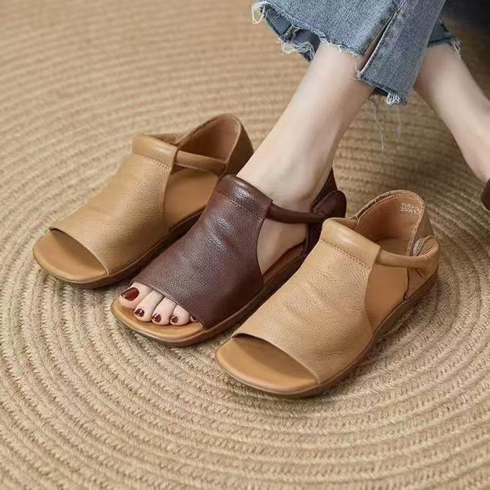 Shoes - 手作り 本革 サンダル レディース ダル オープントゥ ローマ サンダル 2025年 夏 軽量 幅広 通気 快適 滑り止め 美脚 カジュアル