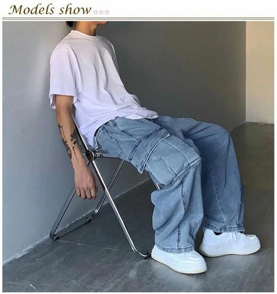 hokutostoreの大きいサイズ カーゴパンツ デニム カーゴ ゆったり ワイド デニムパンツ ワークパンツ 送料無料 送料無料 ワイドパンツ ジーパ｜アングル2