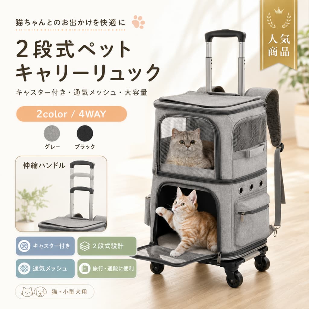 関連キーワード 猫 2匹用 キャリーリュック 猫 キャリーリュック 猫 キャリー バッグ 猫用 キャリー バッグ 猫用 キャリーリュック ネコ用 キャリー バッグ ネコ キャリーリュック ペットリュック ペット キャリーリュック ペットバッグ ペット キャリー バッグ 小型犬 ペットリュック 小型犬 キャリーリュック 小型犬 キャリーバッグ キャリーリュック キャスター付き ペットリュック キャスター付き キャスター付き ペットバッグ トロリーバッグ ペット ペット トロリーバッグ 2WAY ペットバッグ 2WAY キャリーリュック 2段式 ペットリュック 2段式 キャリーリュック 猫 2匹 キャリーバッグ 猫 2匹 ペットバッグ 猫 多頭用 キャリー 多頭用 ペットキャリー デュアルコンパートメント ペットバッグ 大容量 ペットリュック 大容量 キャリーリュック 通気性 ペットリュック 通気性 キャリーバッグ メッシュ窓 ペットバッグ メッシュ窓 キャリーリュック 猫 通院 キャリーバッグ 猫 通院 リュック ペット 通院 バッグ ペット 旅行 バッグ 猫 旅行 キャリー 犬猫 旅行 キャリーバッグ 交通機関 ペットバッグ 電車 ペット キャリー 災害避難 ペットバッグ 防災 ペットキャリー 散歩 ペットバッグ アウトドア ペットリュック ペットキャリー アウトドア キャリーリュック 猫 キャリーリュック 小型犬 ペットバッグ 猫 ペットバッグ 小型犬 猫 キャスター付き キャリー 小型犬 キャスター付き キャリー ペットリュック 大容量 ペットリュック 通気性 ペットリュック メッシュ ペットキャリー 2匹用 猫 キャリー 2匹用 犬猫兼用 キャリーバッグ 犬猫兼用 ペットリュック ペット用 キャリーバッグ ペット用 リュック📦 製品概要 2匹用の小型ペットキャリーリュック。キャスター付き2段式で大容量設計。旅行・通院・交通機関・災害避難にも便利。ネコや小型犬の快適移動をサポート。 💡 商品特長 🐾 デュアルコンパートメント構造：2匹の小型ペットを同時収納。仕切りを外せば1匹用にも 🛞 キャスター付きバックパック：360°回転4輪ホイール、プッシュボタン式高さ調整 🌬 通気性＆視界抜群：4面メッシュ窓＋6つ通気孔、上部と前面から出し入れ可能 👜 実用的なサイドポケット：ペット用ボウル・水筒・おもちゃ・ゴミ袋も収納可能 🔧 主な仕様 対応ペット：2匹まで（各コンパートメント最大6kg）、1匹（最大12kg） タイプ：キャスター付き2段式トロリーバッグ、ペットリュック 用途：旅行、通院、交通機関利用、災害避難 素材：通気性メッシュ、耐久素材 🎨 カラーバリエーション 標準カラー ※撮影環境やモニター設定により実物と色味が異なる場合があります。 ? おすすめシーン 猫・小型犬の旅行やお出かけ、通院、交通機関利用、災害避難、ペットと快適な外出、収納力と通気性を重視する方 ?? 注意事項 ペットのサイズを確認して購入。重量だけでなく高さ・長さも考慮。指定配送時間不可。撮影環境により色味が異なる場合あり。 🔍 関連キーワード 猫 2匹用 キャリーリュック キャスター付き 2段式 小型犬 ペットリュック 大容量 通気性 トロリーバッグ 旅行 通院 交通機関 災害避難 ネコ用 ペットバッグ デュアルコンパートメント