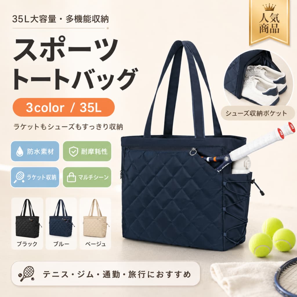 関連キーワード テニスバッグ テニスラケットバッグ ラケットバッグ テニストートバッグ テニスハンドバッグ テニス バッグ テニス ラケットバッグ テニス トートバッグ テニス ハンドバッグ ラケット バッグ ラケット収納 バッグ 35L テニスバッグ テニスバッグ 35L 35L ラケットバッグ 大容量 テニスバッグ テニスバッグ 大容量 大容量 ラケットバッグ ラケットバッグ 大容量 ラケット2本 テニスバッグ ラケット4本 テニスバッグ ラケット2本 収納 バッグ ラケット4本 収納 バッグ テニスバッグ ラケット2本 テニスバッグ ラケット4本 ラケット2本 ラケットバッグ ラケット4本 ラケットバッグ シューズ収納 テニスバッグ テニスバッグ シューズ収納 シューズ収納 ラケットバッグ ラケットバッグ シューズ収納 シューズコンパートメント バッグ シューズコンパートメント テニスバッグ 防水 テニスバッグ テニスバッグ 防水 防水 ラケットバッグ ラケットバッグ 防水 軽量 テニスバッグ テニスバッグ 軽量 軽量 ラケットバッグ ラケットバッグ 軽量 男女兼用 テニスバッグ テニスバッグ 男女兼用 男女兼用 ラケットバッグ ユニセックス テニスバッグ スポーツバッグ テニス スポーツバッグ スポーツバッグ テニス 収納バッグ テニス 収納バッグ ラケット 収納バッグ テニス用品 テニス用品 バッグ ジムバッグ テニスバッグ ジムバッグ スポーツ ジムバッグ 通勤 テニスバッグ テニスバッグ 通勤 通勤 バッグ ショッピング バッグ ショッピング テニスバッグ 旅行 テニスバッグ テニスバッグ 旅行 旅行 ラケットバッグ 部活 テニスバッグ テニスバッグ 部活 部活 ラケットバッグ クラブ活動 テニスバッグ クラブ活動 ラケットバッグ テニス部 バッグ テニス部 ラケットバッグ テニス部 大容量 バッグ テニスバッグ ラケット収納 ラケットバッグ ラケット収納 テニスバッグ シューズ入れ ラケットバッグ シューズ入れ シューズ入れ付き テニスバッグ シューズ入れ付き ラケットバッグ 大容量 スポーツバッグ 軽量 スポーツバッグ 防水 スポーツバッグ 男女兼用 スポーツバッグ スポーツバッグ 大容量 スポーツバッグ 軽量 スポーツバッグ 防水 テニス トート テニス トートバッグ 大容量 テニストートバッグ 大容量 テニストートバッグ 軽量 テニストートバッグ 防水 テニスハンドバッグ 大容量 テニスハンドバッグ 軽量 テニスハンドバッグ 防水 ラケットバッグ 2本収納 ラケットバッグ 4本収納 テニスバッグ 2本収納 テニスバッグ 4本収納 テニス ラケット 2本 バッグ テニス ラケット 4本 バッグ テニスバッグ メンズ テニスバッグ レディース ラケットバッグ メンズ ラケットバッグ レディース メンズ テニスバッグ レディース テニスバッグ メンズ ラケットバッグ レディース ラケットバッグ テニスバッグ おしゃれ ラケットバッグ おしゃれ スポーツバッグ おしゃれ【製品概要】 テニスラケットを2〜4本収納できる、35L大容量のテニスラケットバッグです。 シューズ、テニスラケット、ノートパソコン用の独立コンパートメントを備えており、スポーツ用品から日用品まで分けて収納しやすい仕様です。 テニス、ジム、通勤、ショッピング、旅行など、さまざまなシーンで使いやすい男女兼用のスポーツ用収納バッグです。 【商品特長】 ・35L大容量：テニスラケット、シューズ、着替え、小物などをまとめて収納しやすいサイズ感です。 ・ラケット2〜4本収納可能：練習や試合、レッスン時のラケット持ち運びに便利です。 ・独立コンパートメント付き：シューズ、ラケット、ノートパソコンを分けて収納でき、バッグの中を整理しやすくなっています。 ・防水生地を使用：ダイヤモンドキルティング加工の防水生地を採用し、日常使いやスポーツシーンに取り入れやすい仕様です。 ・軽量設計：約0.7kgの軽量タイプで、持ち運びやすさに配慮されています。 ・肩に掛けやすいストラップ：幅約1.5インチのショルダーストラップで、移動時にも使いやすいデザインです。 ・男女兼用デザイン：スポーツにも普段使いにも合わせやすい、シンプルでスタイリッシュなバッグです。 【主な仕様】 ・商品名：テニスラケットバッグ / テニストートバッグ ・容量：約35L ・収納目安：テニスラケット2〜4本 ・重量：約1.6ポンド（約0.7kg） ・仕様：シューズコンパートメント、ラケット収納、ノートパソコン用コンパートメント ・生地：ダイヤモンドキルティング加工の防水生地 ・ショルダーストラップ幅：約1.5インチ ・対象：男女兼用 ・用途：テニス、スポーツ、通勤、ショッピング、旅行など ・サイズ：記載なし 【カラーバリエーション】 複数カラー展開 ※カラーの詳細は商品画像をご確認ください。 【おすすめシーン】 ・テニスの練習やレッスンに ・試合やクラブ活動の持ち運び用に ・シューズとラケットを分けて収納したい時に ・ジムやスポーツシーンのバッグとして ・通勤やショッピングなどの日常使いに ・旅行やお出かけ時の大容量バッグとして ・男女兼用のスポーツバッグをお探しの方に 【注意事項】 ・保証期間は到着日から30日以内です。不具合がある場合は、商品到着後30日以内にご連絡ください。 ・お客様都合による交換・返品はお受けしておりません。あらかじめご了承ください。 ・ご注文から30分以内は購入履歴からキャンセル可能です。30分を過ぎた場合、お客様都合によるキャンセルは承っておりません。 ・発送後のキャンセル、送付先の変更はできません。ご注文前に住所や部屋番号などをご確認ください。 ・長期不在、表札がない場合、または表札・郵便受けのお名前がご注文者様と異なる場合、お届けできず返送となる場合がございます。 ・ご利用のモニターにより、実物と色味が少し異なって見える場合がございます。 ・北海道、沖縄、離島は別途送料がかかる場合がございます。 ・ラッピングには対応しておりません。 ・説明書は日本語化されていません。 ・輸入品のため、予告なくパッケージや仕様が多少変更される場合がございます。 ・新品未使用品ですが、輸入品のため、汚れ、傷、ムラが見られる場合がございます。 【関連キーワード】 テニスバッグ テニスラケットバッグ ラケットバッグ テニストートバッグ テニスハンドバッグ 35L 大容量 ラケット2本 ラケット4本 シューズ収納 シューズコンパートメント 防水 軽量 男女兼用 スポーツバッグ 収納バッグ テニス用品 ジムバッグ 通勤 ショッピング 旅行 部活 クラブ活動