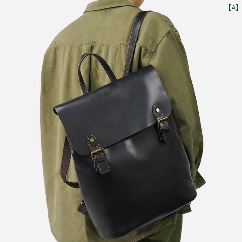 シンプル 韓国スタイル レトロ デイパック ヴィンテージ 縦型長方形 バックパック 15インチPC収納可 高級感 リュックサック エレガント スマート 実用性 バック ユニセックス 牛革 耐久性 メンズ