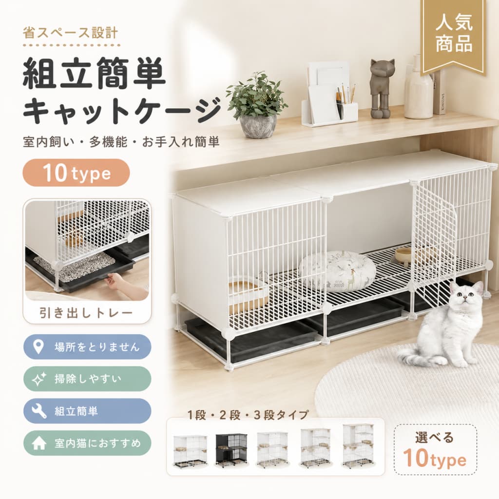 キャットケージ 猫ケージ 大型猫対応 1段 2段 3段 屋内用 猫用ベビーサークル キャットハウス 金属製 小動物ケージ 取り外し可能 DIYデザイン 子猫 室内用