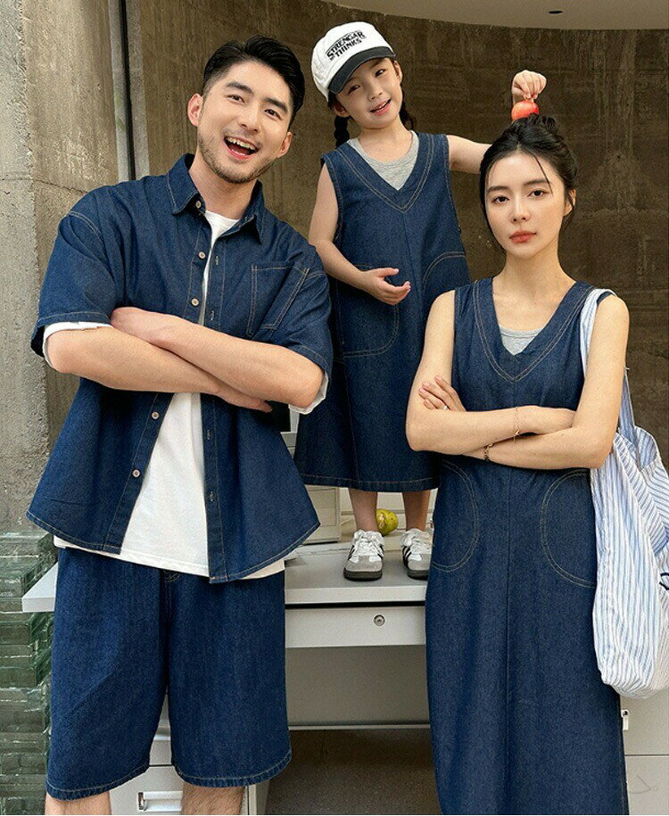 親子 ペア ワンピース デニム ママ 半袖 ワンピース パンツ 80 90 100 110 120 130 140 150 S M L XL 2XL 3XL