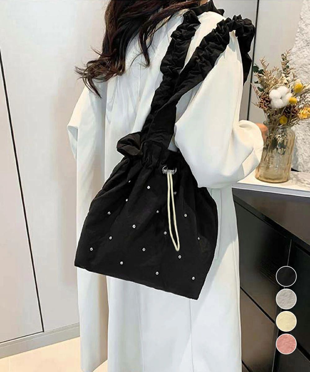 樂天商城 - ギャザートートバッグ 巾着型トート大容量 シャーリングショルダー 巾着バッグ キラキラbag ラインストーン