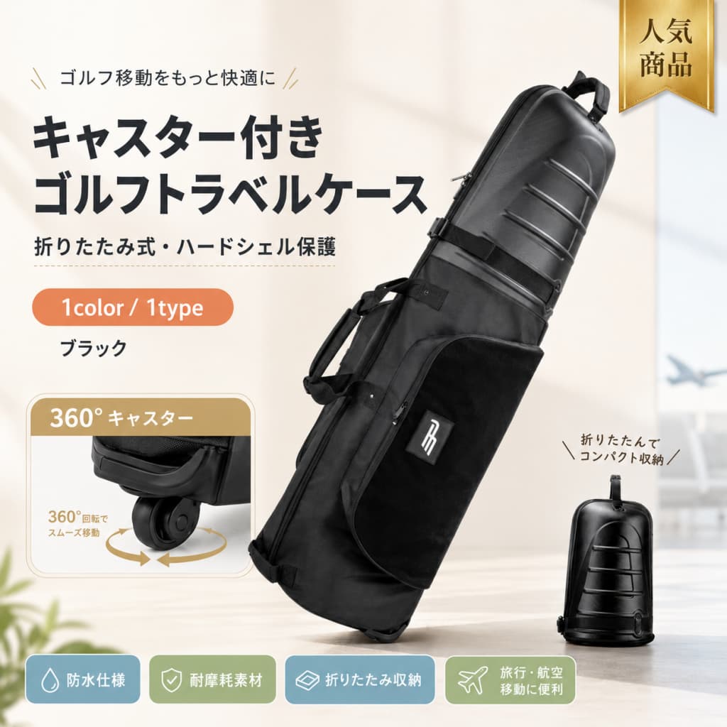 関連キーワード トラベルバッグ ゴルフ キャディバッグ カバー ローラー付き キャスター付き ゴルフバッグ トラベルカバー ケース 持ち運び用 クラブケース ハードシェル付き 折りたたみ式 ゴルフバッグカバー 防水 耐摩耗 ブラック ゴルフ用品 航空バッグ 旅行 移動📦 製品概要 ゴルフキャディバッグ用のトラベルバッグカバーです。 折りたたみ式でコンパクトに収納可能。防水・耐摩耗仕様でクラブをしっかり保護。 ローラーとキャスター付きで、旅行や移動も快適に行えます。 💡 商品特長 🏌? ローラー＆キャスター付き 移動や旅行時もスムーズに運搬可能。 💧 防水設計 雨や水滴からゴルフバッグを保護。 💪 耐摩耗性 ハードシェル付きでクラブをしっかりガード。 🧳 折りたたみ式 使用しないときはコンパクトに収納可能。 🌍 旅行や航空移動対応 航空バッグとしても最適、クラブの安全な運搬をサポート。 🔧 主な仕様 📌 タイプ：ゴルフバッグ用トラベルカバー／クラブケース 📌 素材：耐摩耗生地＋ハードシェル 📌 サイズ：標準ゴルフバッグ対応 📌 機能：折りたたみ式、防水、耐摩耗、ローラー＆キャスター付き 📌 用途：旅行、移動、航空バッグ、ゴルフクラブ保護 🎨 カラーバリエーション 🎨 ブラック（画像参照） ※モニター環境により実物と色味が異なる場合があります。 ? おすすめシーン ? ゴルフクラブの旅行・移動時 ? 航空機や長距離移動での持ち運び ? ローラー＆キャスターでスムーズ運搬 ? 防水・耐摩耗でクラブ保護 ?? 注意事項 ?? モニター環境により色味が実物と異なる場合があります。 ?? 適正サイズのゴルフバッグで使用してください。 ?? 無理な力を加えないで使用してください。 🔍 関連キーワード トラベルバッグ ゴルフキャディバッグカバー ローラー付き キャスター付き 折りたたみ式 防水 耐摩耗 クラブケース ゴルフバッグ ハードシェル 旅行用 ブラック